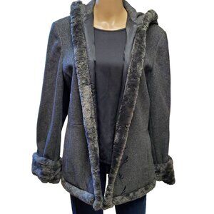 Vintage Espirit Wool Hooded Coat Women's L Charcoal Hook Close Embroider Pockets